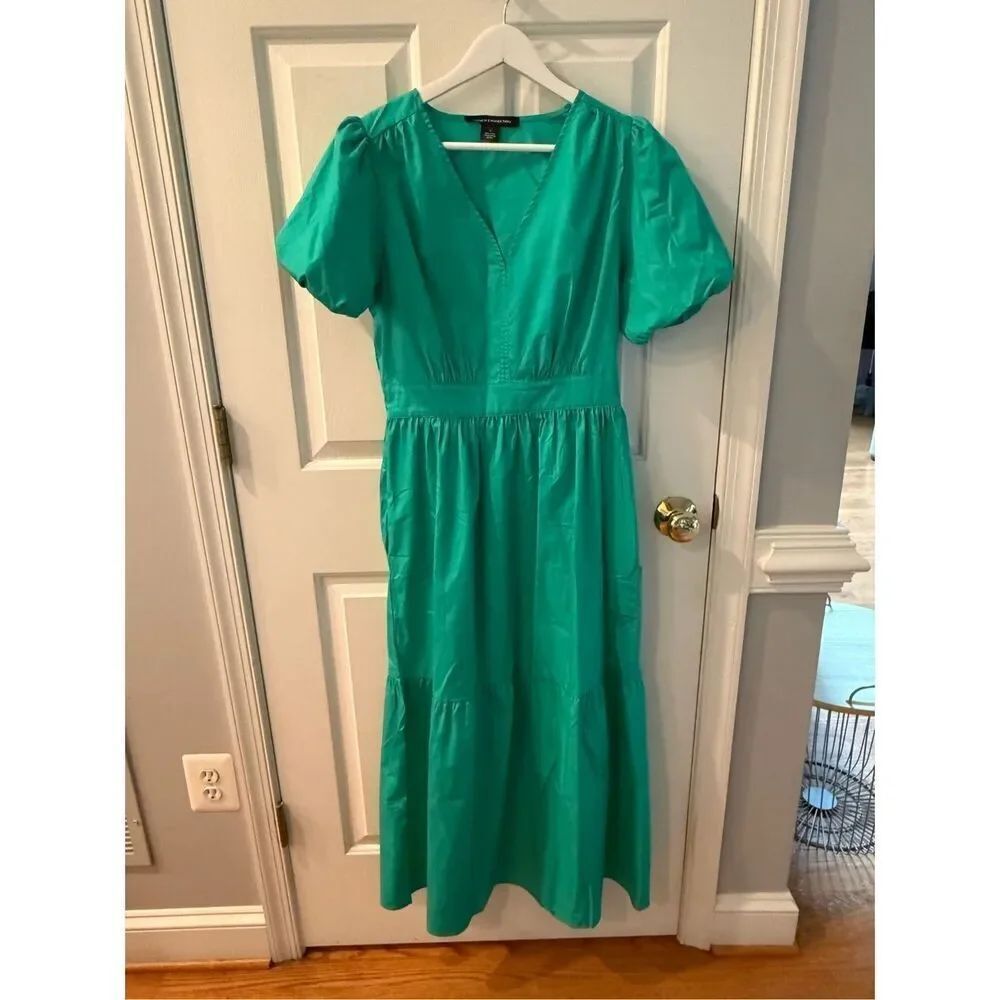 French Connection Green Tiered Puff Sleeve V-Neck Maxi Dress sz S NWOT